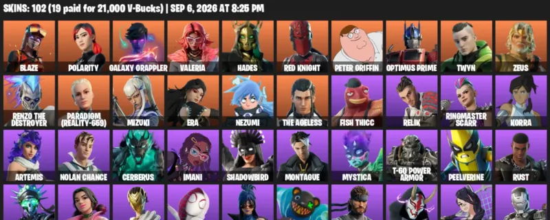 Fortnite account inventory for LVL 1965 - Blaze - Polarity - 102 Outfits