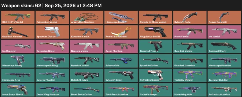 Valorant account inventory for LVL 62 · Reaver Karambit & Byteshift Knife & Prime