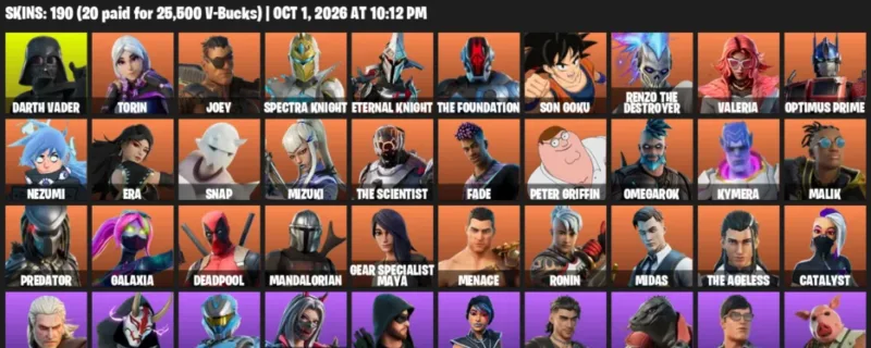 Fortnite account inventory for Darth Vader - Torin - 120 Outfits