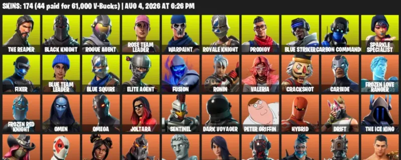 Fortnite account inventory for LVL 2735 - The Reaper - Black Knight - 174 Outfits