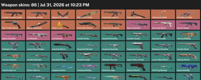 Valorant account inventory for LVL 154 · Velocity Karambit & XerØFang Knife
