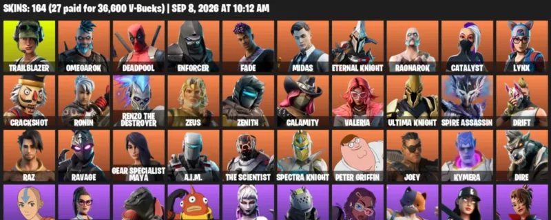 Fortnite account inventory for LVL 2524 - Trailblazer - Omegarok - 164 Outfits