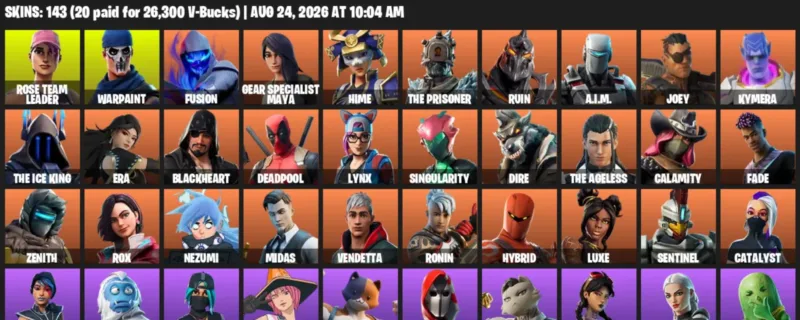 Fortnite account inventory for LVL 1882 - Rose Team Leader - Warpaint - 143 Outfits