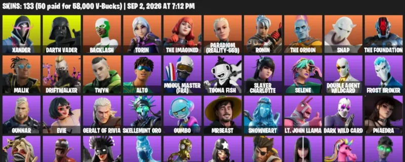 Fortnite account inventory for LVL 1264 - Xander - Darth Vader - 133 Outfits