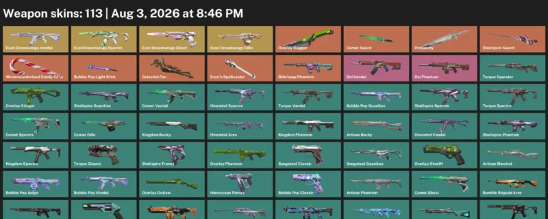 Valorant account inventory for LVL 117 · Overlay Dagger & 113 Skins Celestial Fan