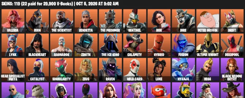 Fortnite account inventory for Valeria - Ruin - 119 Outfits