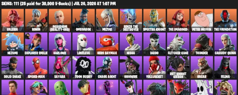 Fortnite Accounts listing: LVL 1495 - Valeria - Ronin - 111 Outfits - 111 outfits