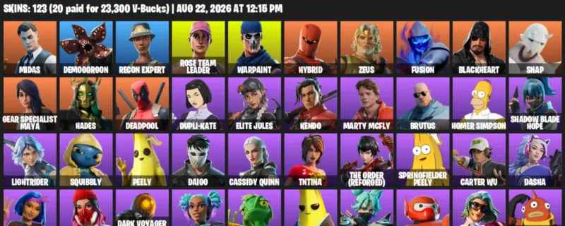 Fortnite account inventory for LVL 3671 - Midas - Demogorgon - 123 Outfits