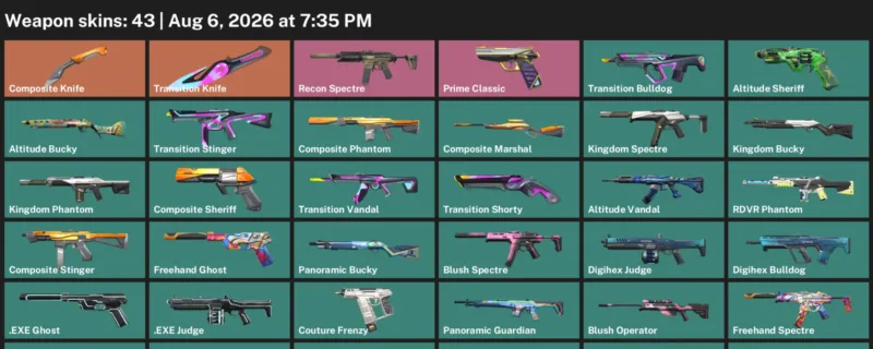 Valorant account inventory for LVL 42 · Transition Knife & 43 Skins Composite Knife