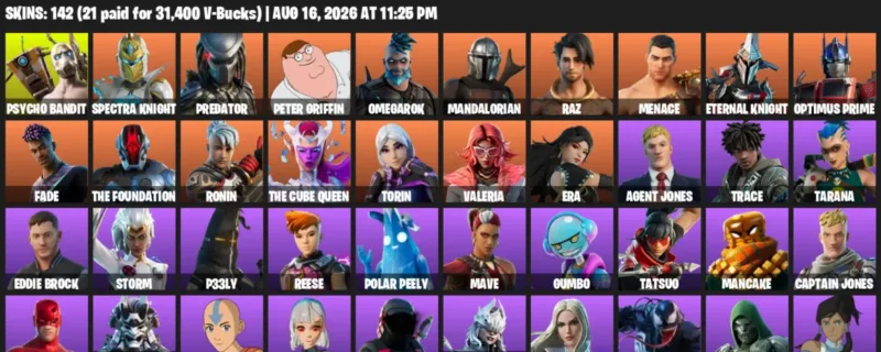 Fortnite account inventory for LVL 1864 - Psycho Bandit - Spectra Knight - 142 Outfits