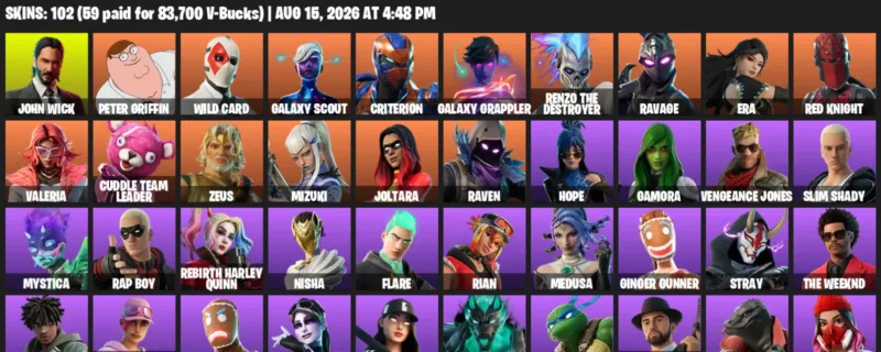 Fortnite account inventory for LVL 465 - John Wick - Peter Griffin - 102 Outfits
