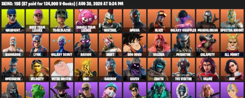 Fortnite account inventory for LVL 1181 - Warpaint - Rose Team Leader - 198 Outfits
