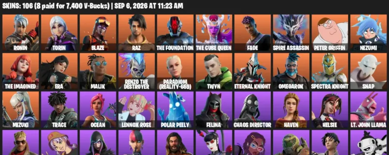 Fortnite account inventory for LVL 1691 - Ronin - Torin - 106 Outfits