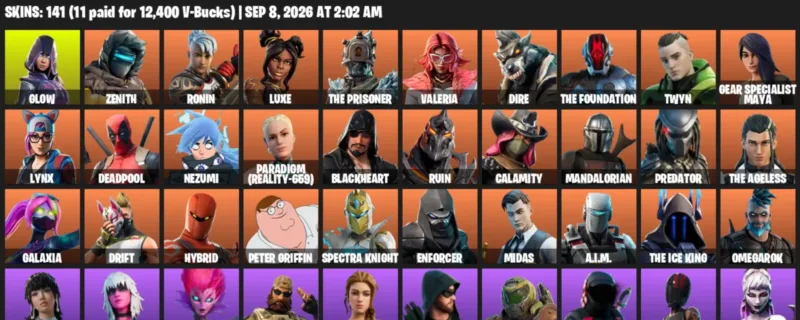 Fortnite account inventory for LVL 2104 - Glow - Zenith - 141 Outfits