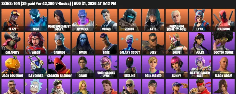 Fortnite account inventory for LVL 1309 - Blaze - Zero - 104 Outfits