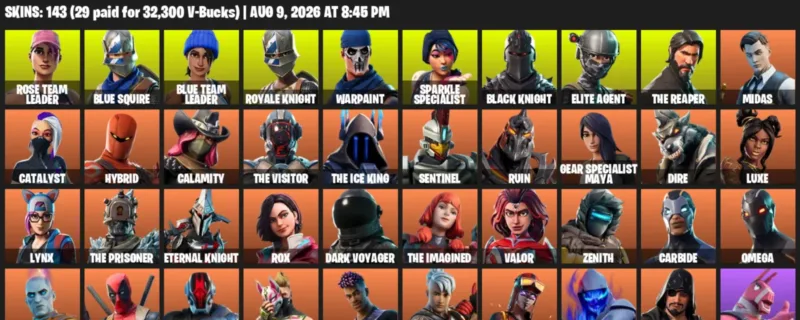Fortnite account inventory for LVL 2488 - Rose Team Leader - Blue Squire - 143 Outfits