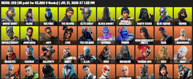 Fortnite Accounts listing: LVL 3780 - Rogue Agent - Glow - 229 Outfits - 229 outfits