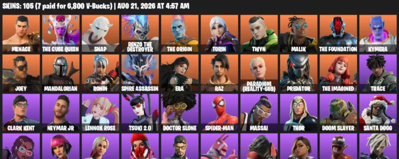 Fortnite account inventory for LVL 1940 - Menace - The Cube Queen - 105 Outfits
