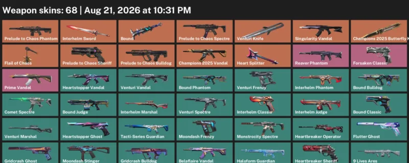 Valorant account inventory for LVL 104 · 68 Skins Champions 2025 Butterfly Knife & Venturi Knife