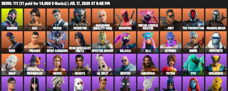 Fortnite Accounts listing: LVL 1019 - Xander - Raz - 111 Outfits - 111 outfits
