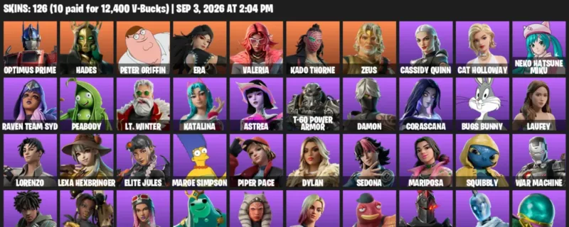 Fortnite account inventory for LVL 1162 - Optimus Prime - Hades - 126 Outfits