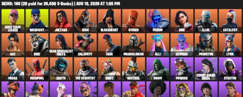 Fortnite account inventory for LVL 4345 - Rose Team Leader - Warpaint - 166 Outfits