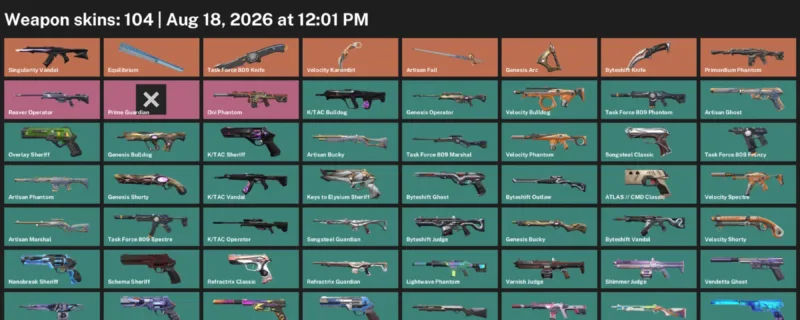 Valorant account inventory for LVL 208 · Velocity Karambit & Task Force 809 Knife