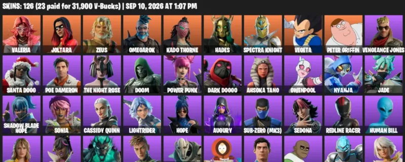Fortnite account inventory for LVL 2172 - Valeria - Joltara - 126 Outfits
