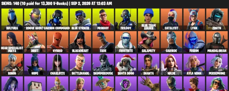 Fortnite account inventory for LVL 856 - Sultura - Rogue Agent - 140 Outfits