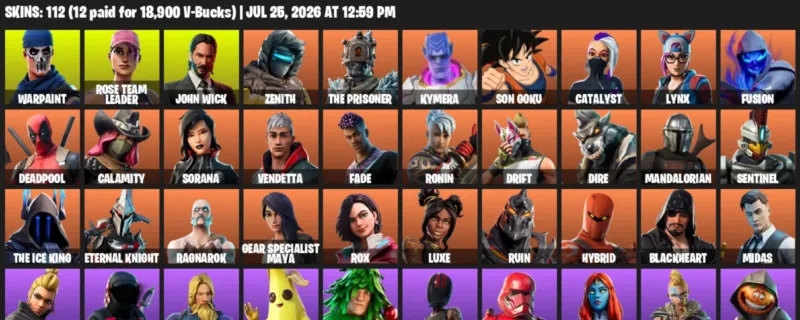 Fortnite Accounts listing: LVL 1387 - Warpaint - Rose Team Leader - 112 Outfits - 112 outfits