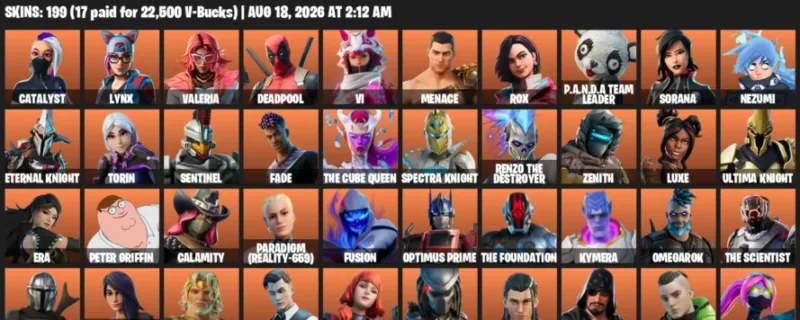 Fortnite account inventory for LVL 2560 - Catalyst - Lynx - 199 Outfits