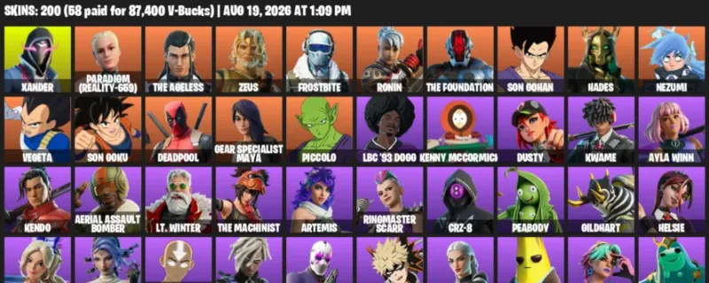 Fortnite account inventory for LVL 1380 - Xander - Paradigm (Reality-659) - 200 Outfits