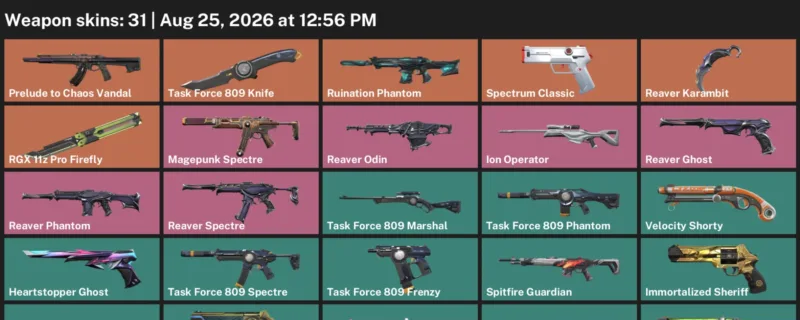 Valorant account inventory for LVL 160 · Reaver Karambit & Task Force 809 Knife