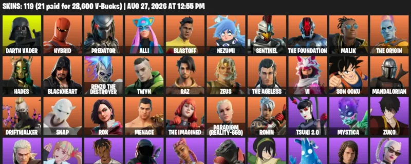 Fortnite account inventory for LVL 1921 - Darth Vader - Hybrid - 119 Outfits