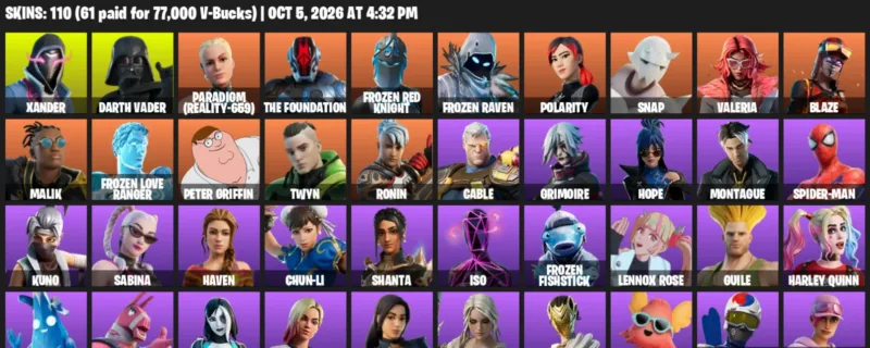 Fortnite account inventory for Xander - Darth Vader - 110 Outfits