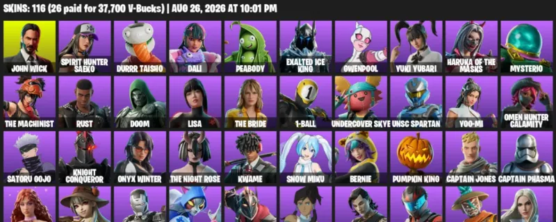 Fortnite account inventory for LVL 426 - John Wick - Spirit Hunter Saeko - 116 Outfits