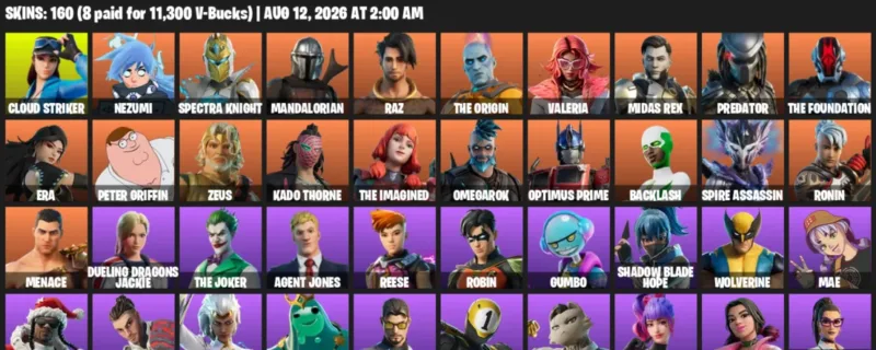 Fortnite account inventory for LVL 2764 - Cloud Striker - Nezumi - 160 Outfits