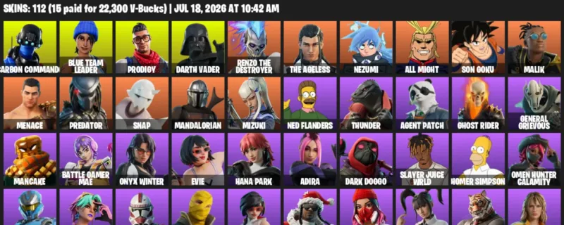 Fortnite Accounts listing: LVL 1056 - Carbon Commando - Blue Team Leader - 112 Outfits - 112 outfits