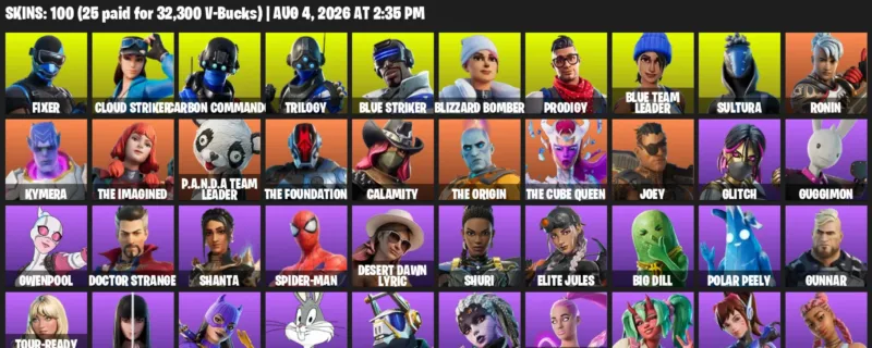 Fortnite account inventory for LVL 1397 - Fixer - Cloud Striker - 100 Outfits