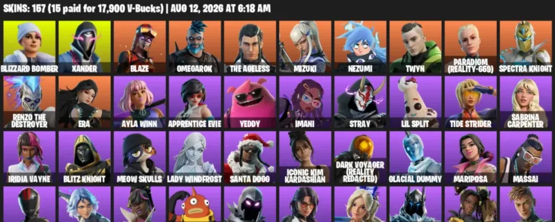 Fortnite account inventory for LVL 1629 - Blizzard Bomber - Xander - 157 Outfits