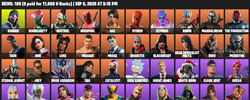 Fortnite account inventory for LVL 1438 - Xander - Singularity - 105 Outfits
