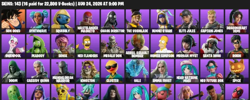 Fortnite account inventory for LVL 1678 - Son Goku - Synthwave - 143 Outfits