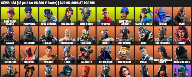 Fortnite account inventory for LVL 2211 - Rose Team Leader - Warpaint - 134 Outfits