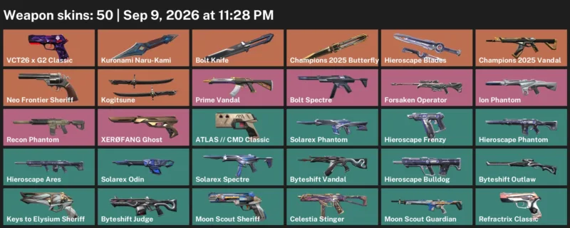 Valorant account inventory for LVL 120 · Champions 2025 Butterfly Knife & 50 Skins Bolt Knife