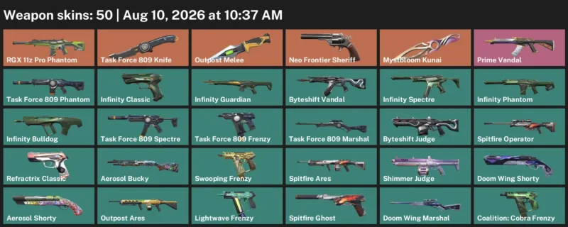 Valorant account inventory for LVL 224 · Task Force 809 Knife & Aerosol Operator
