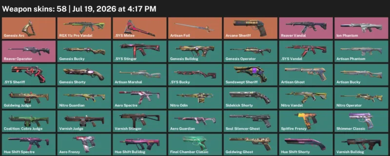 Valorant Accounts listing: LVL 229 · .SYS Melee · 58 Skins - Silver 1, 58 skins