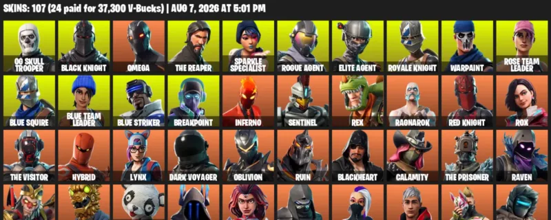 Fortnite account inventory for LVL 1269 - OG Skull Trooper - Black Knight - 107 Outfits