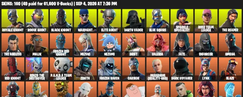 Fortnite account inventory for LVL 2283 - Royale Knight - Rogue Agent - 160 Outfits