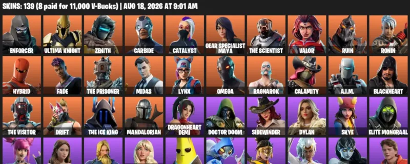 Fortnite account inventory for LVL 1244 - Enforcer - Ultima Knight - 139 Outfits