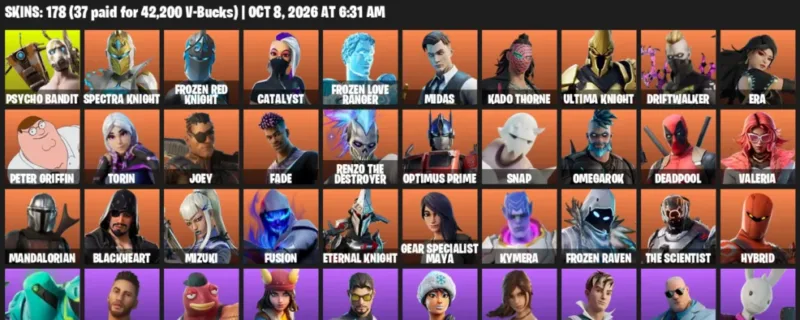 Fortnite account inventory for Psycho Bandit - Spectra Knight - 120 Outfits